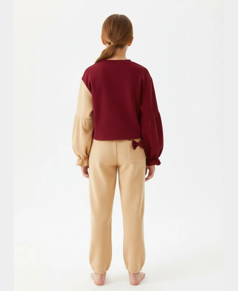 Girls Fleece Sweatshirt & Pants Set – Maroon Beige Bow Outfit