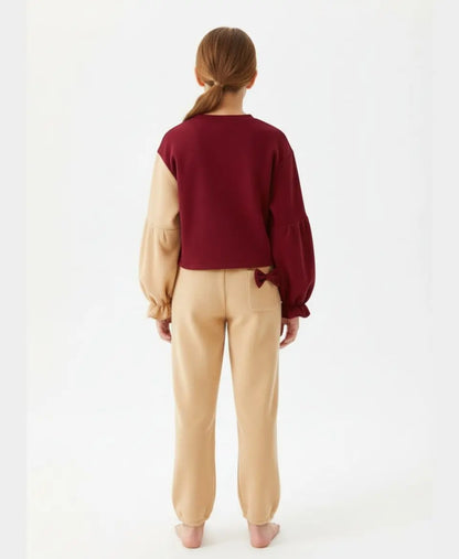 Girls Fleece Sweatshirt & Pants Set – Maroon Beige Bow Outfit