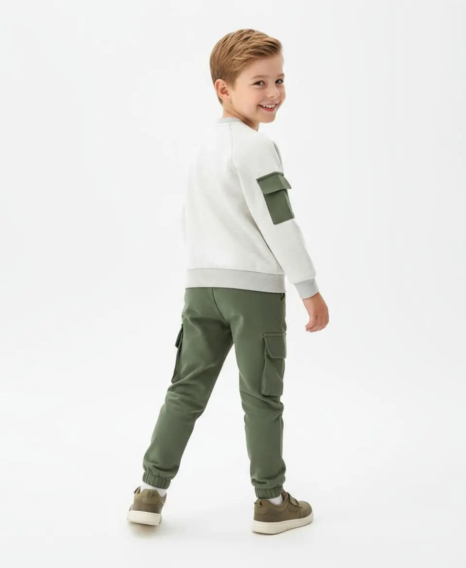 Kids Fleece Pocket Sweatshirt & Cargo Trouser Set – Winter Outfit