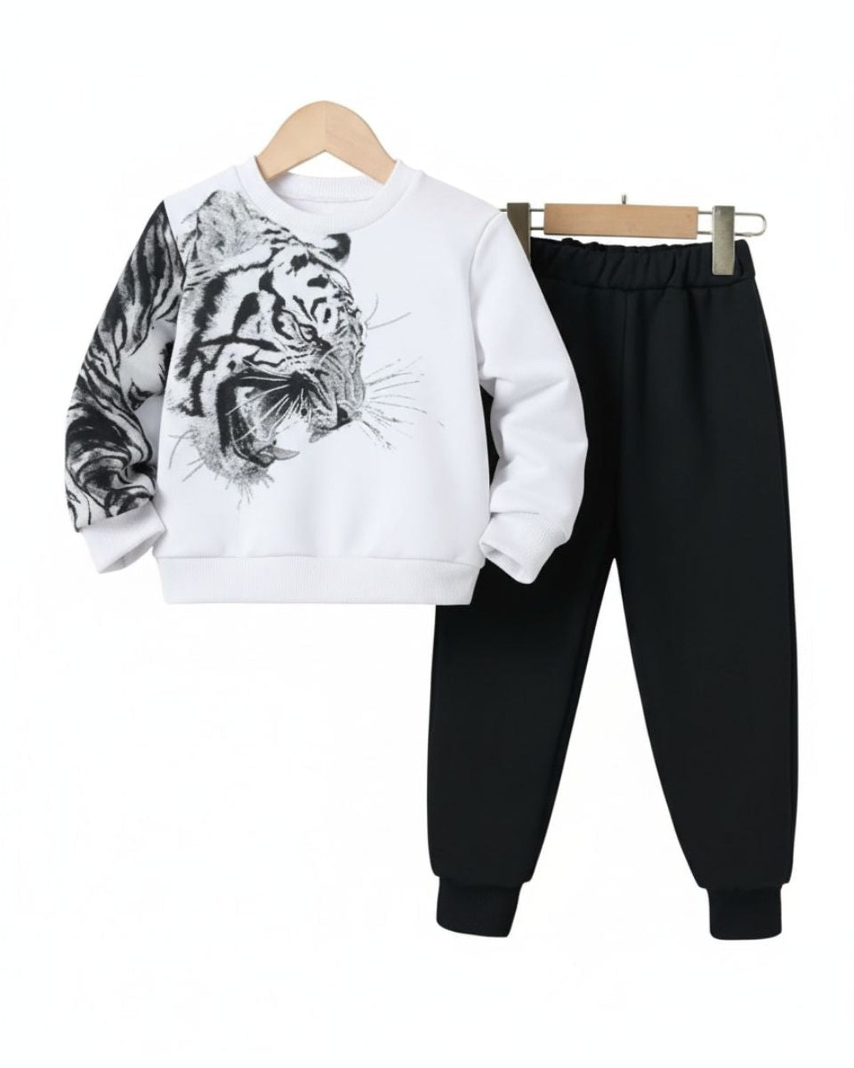 Unisex White Tiger Print Sweatshirt with Black Trouser Set