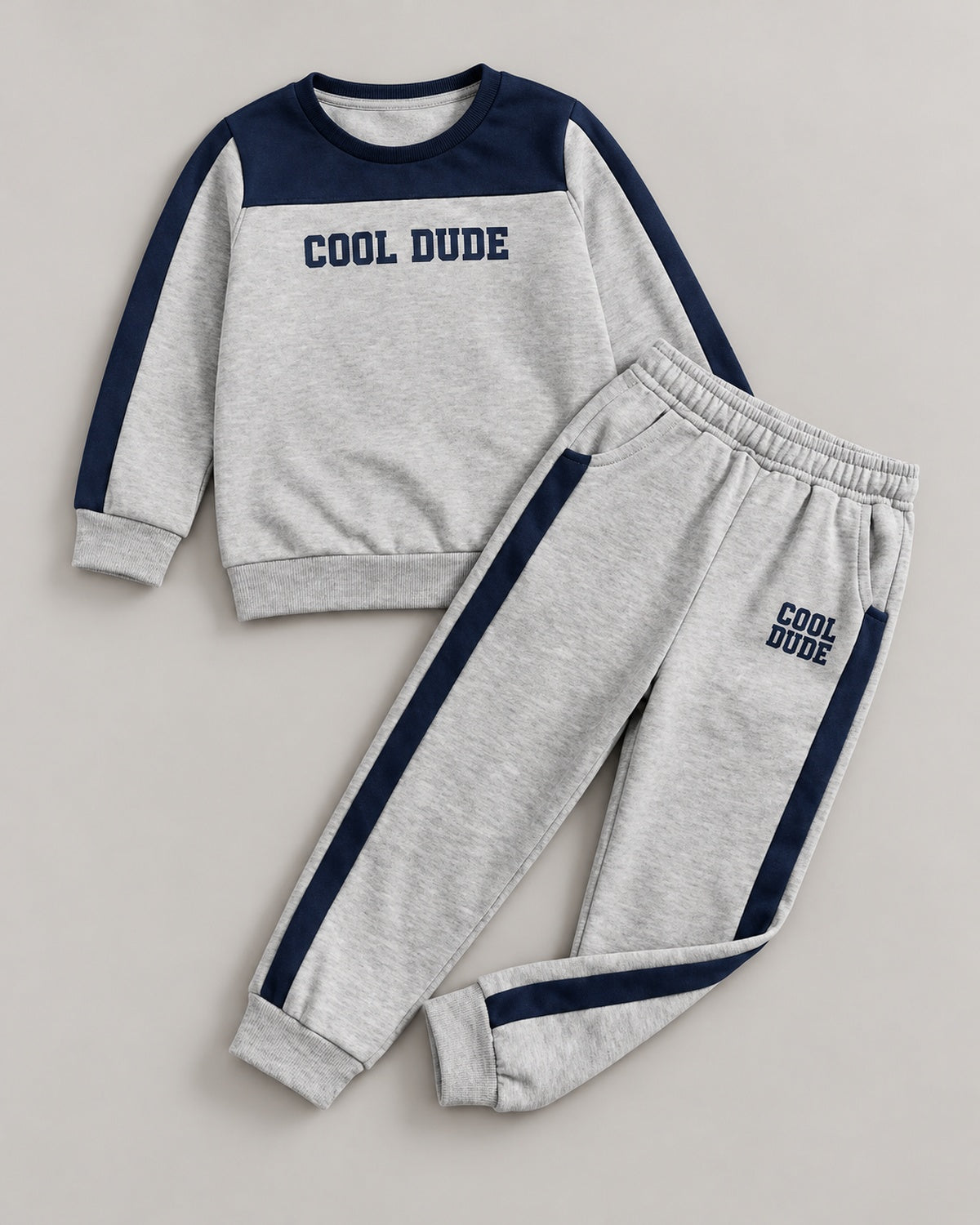 Grey and navy Cool Dude kids sweatshirt and jogger set, AI-styled catalogue image