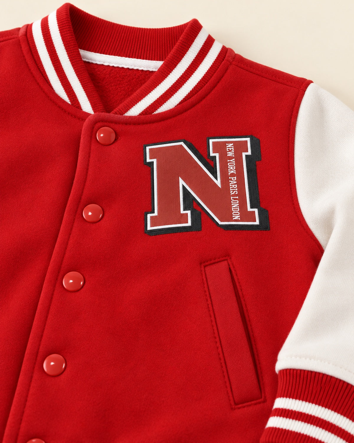 Happy Kidi red and white kids varsity jacket - AI styled detail view