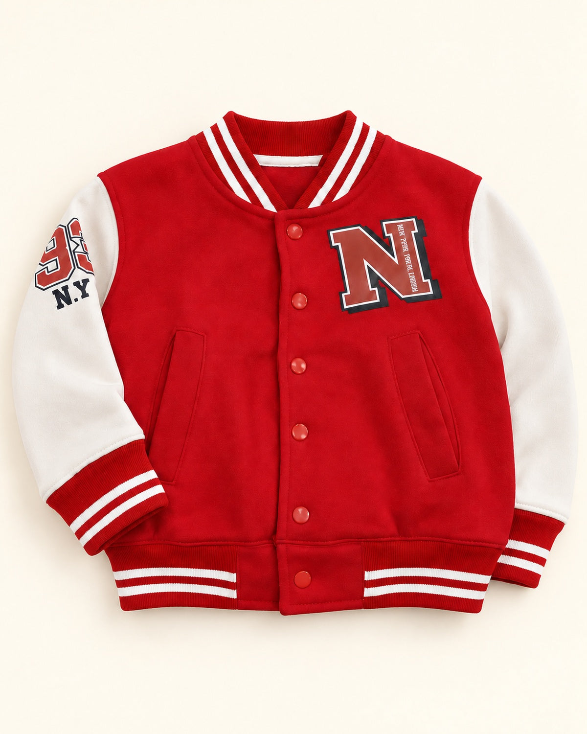Happy Kidi red and white kids varsity jacket - AI styled flatlay view