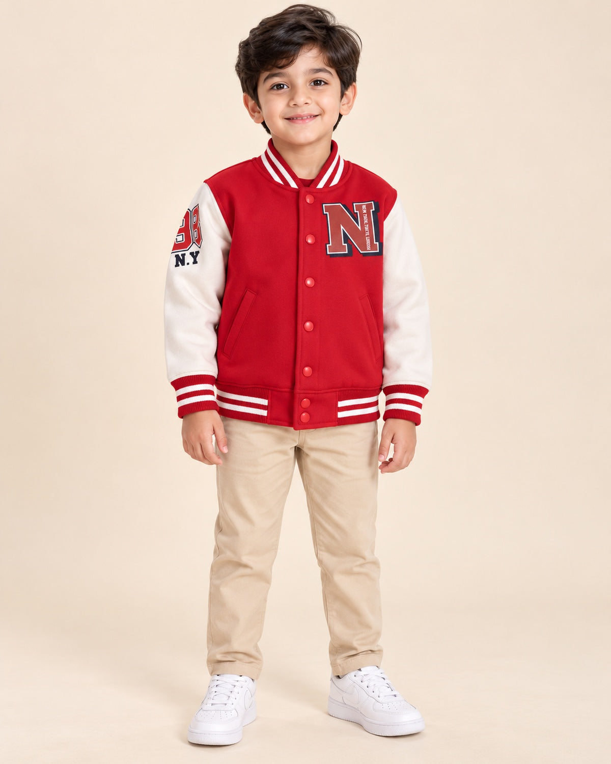 Happy Kidi red and white kids varsity jacket - AI styled standing view