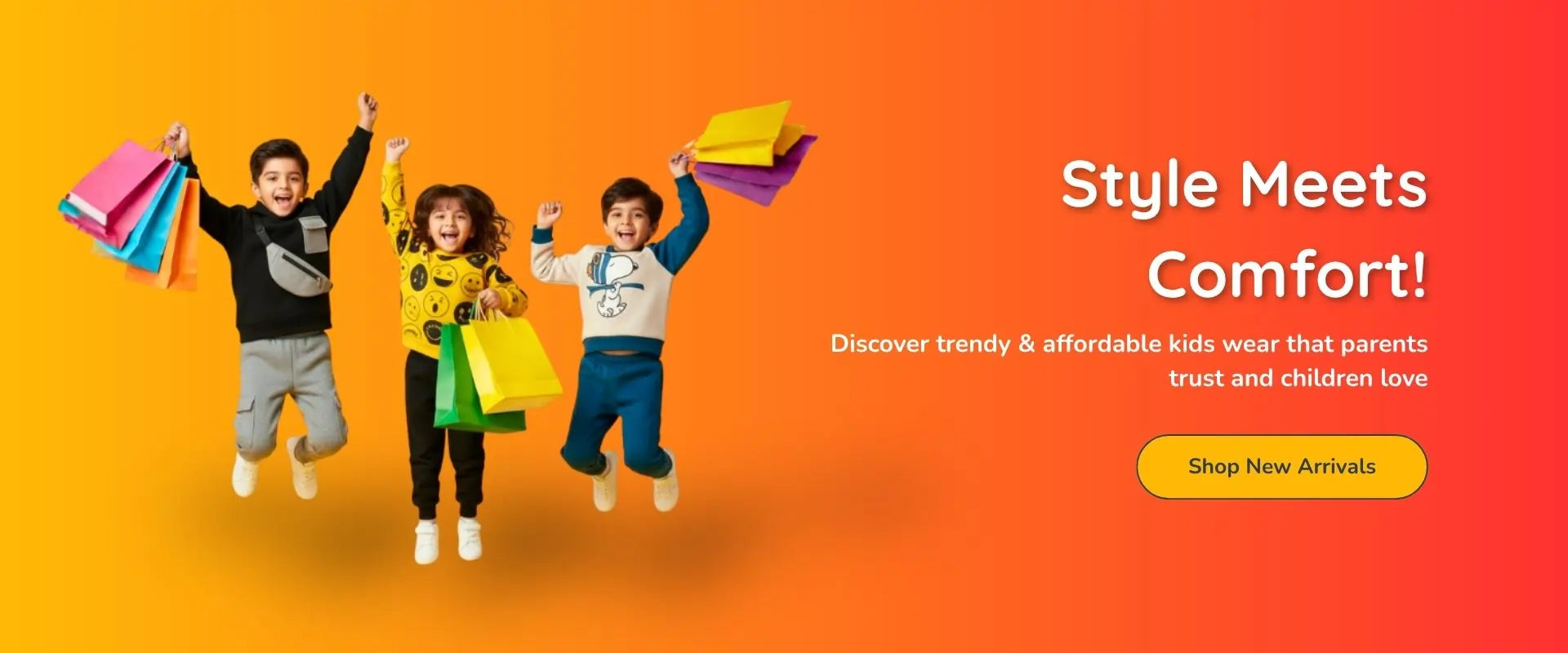 Three children in colorful outfits with shopping bags on an orange background, promoting kids' fashion with text 'Style Meets Comfort'.