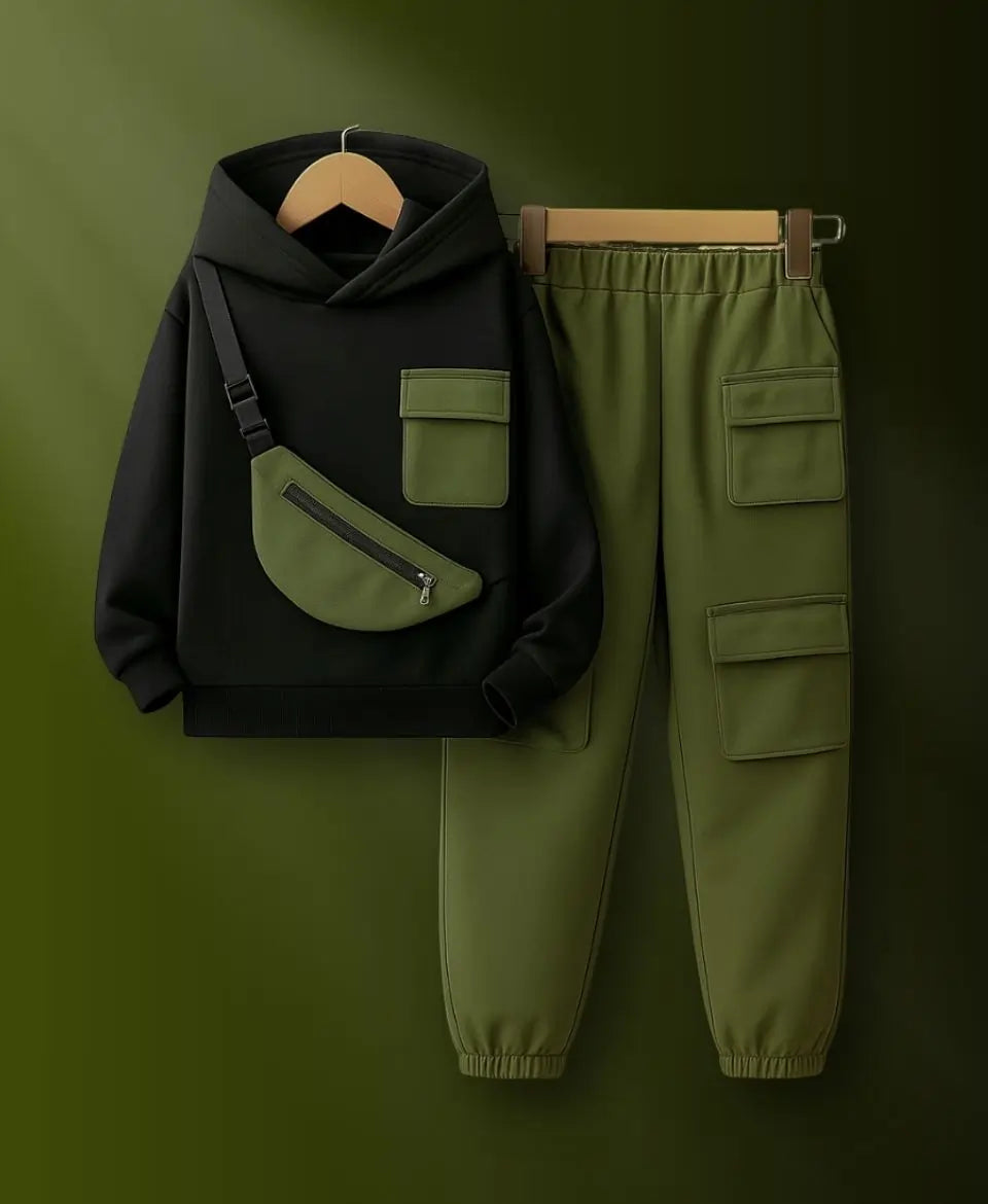 Happy Kidi Black hoodie with green accents and green cargo pants on a dark green background