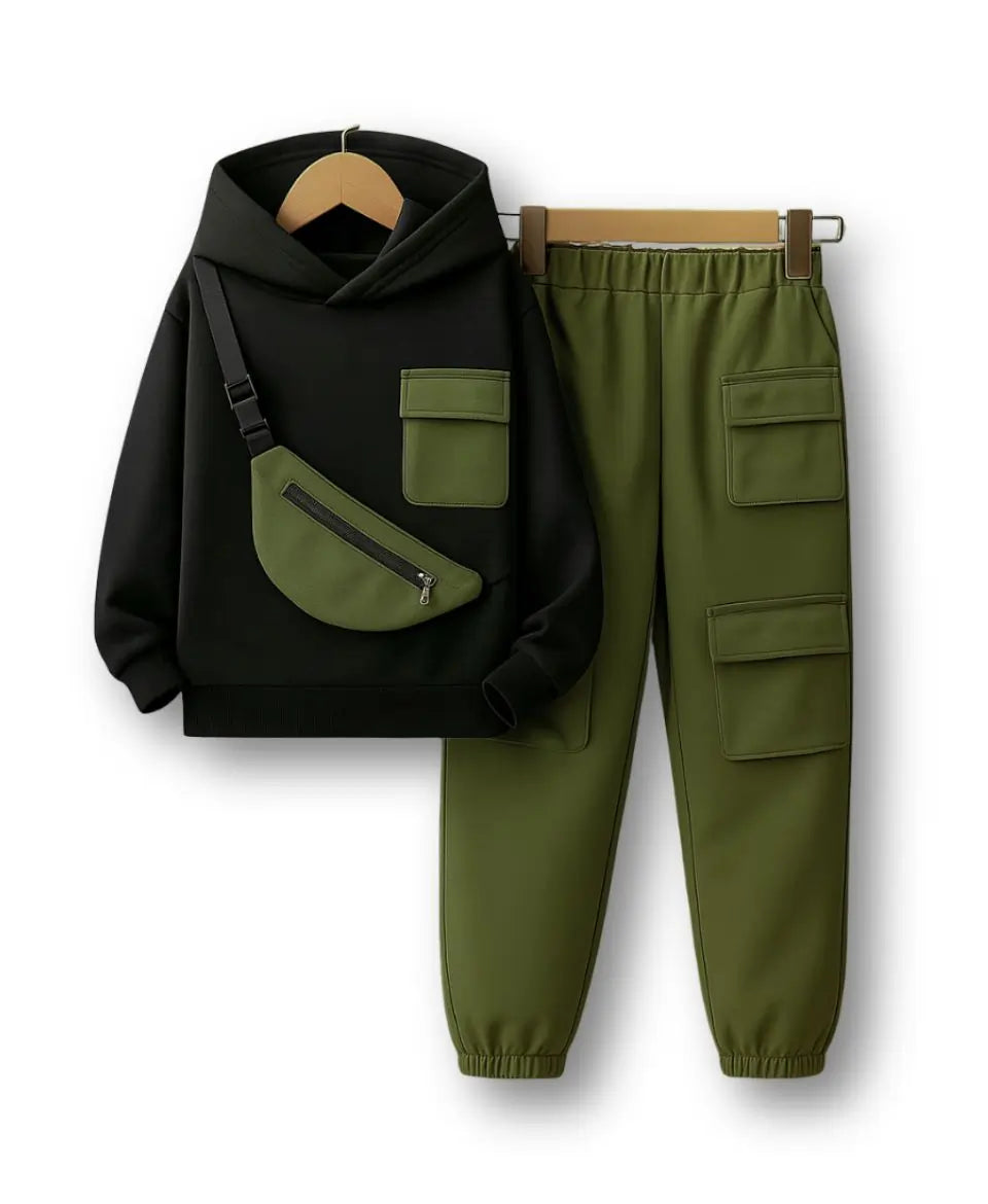 Happy Kidi Black hoodie with green accents and green cargo pants on a white background