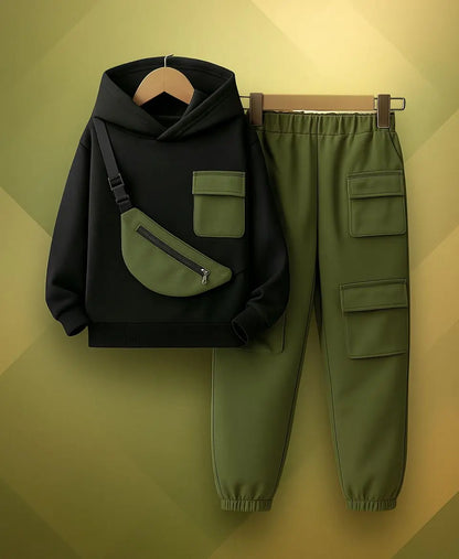 Happy Kidi Black hoodie with green bag and pants on a yellow background