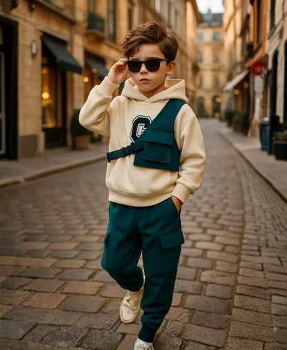 Child in a beige hoodie and green pants walking on a cobblestone street.