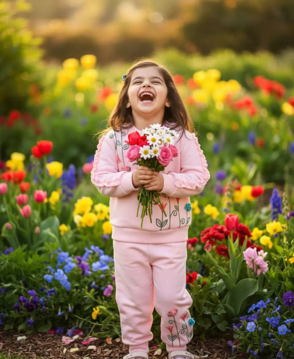 Child in a pink outfit holding flowers in a field of colorful flowers