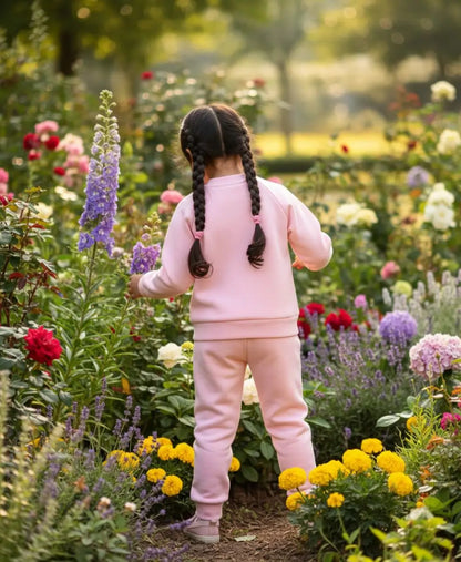 Child in a pink outfit standing in a garden filled with colorful flowers.