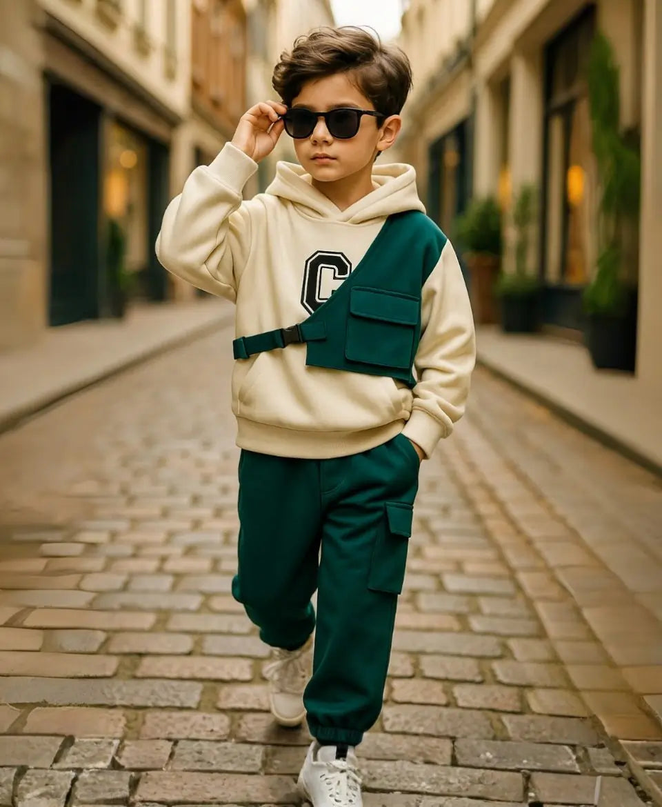 Child wearing a beige hoodie with a green backpack and pants on a cobblestone street.