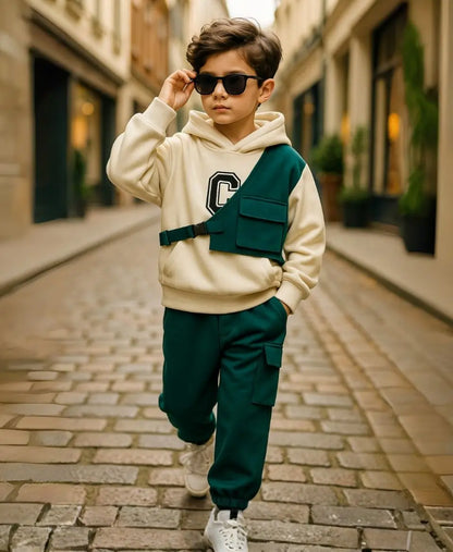 Child wearing a beige hoodie with a green backpack and pants on a cobblestone street.
