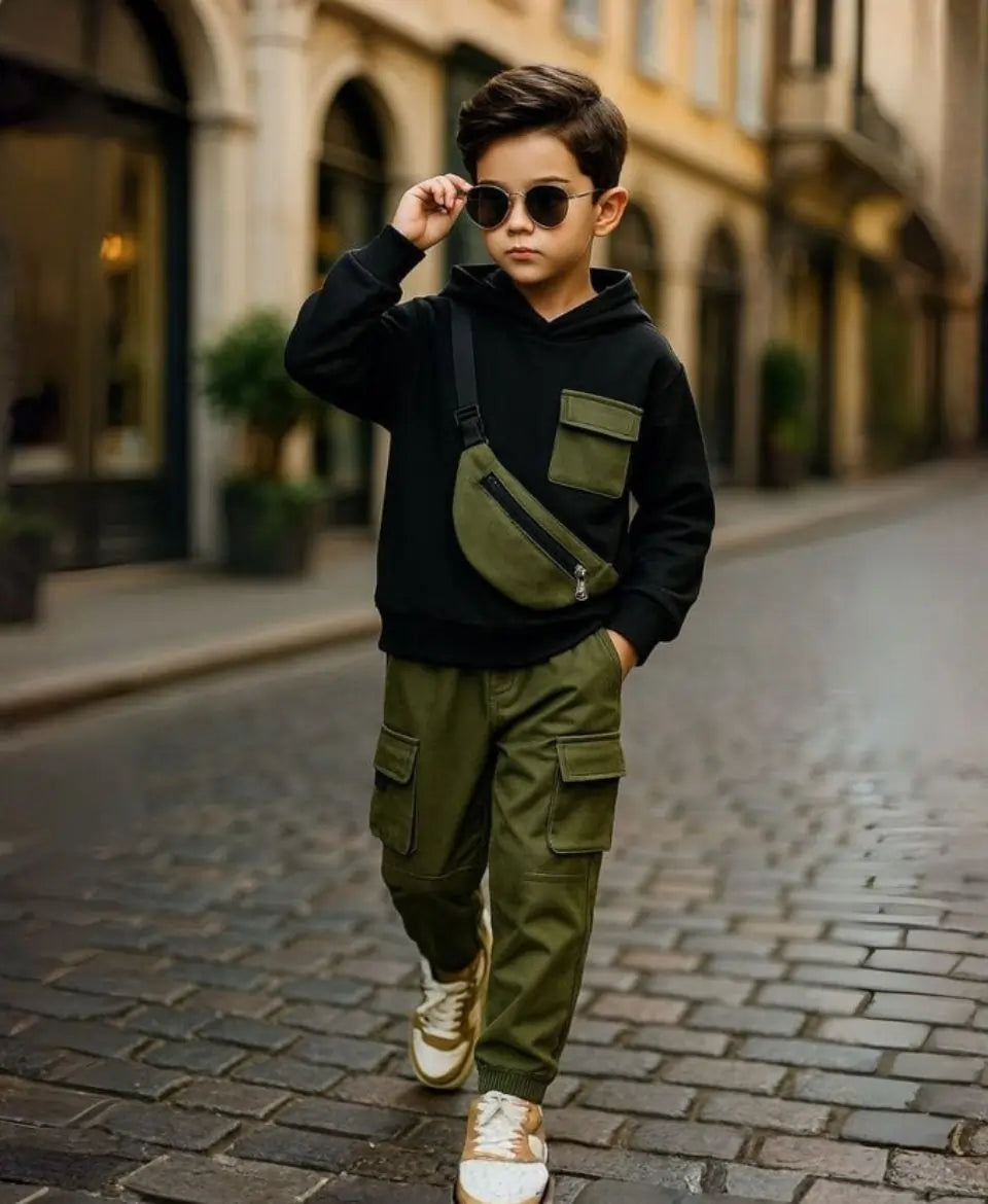 Happy Kidi Child wearing a black hoodie and green cargo pants on a cobblestone street.