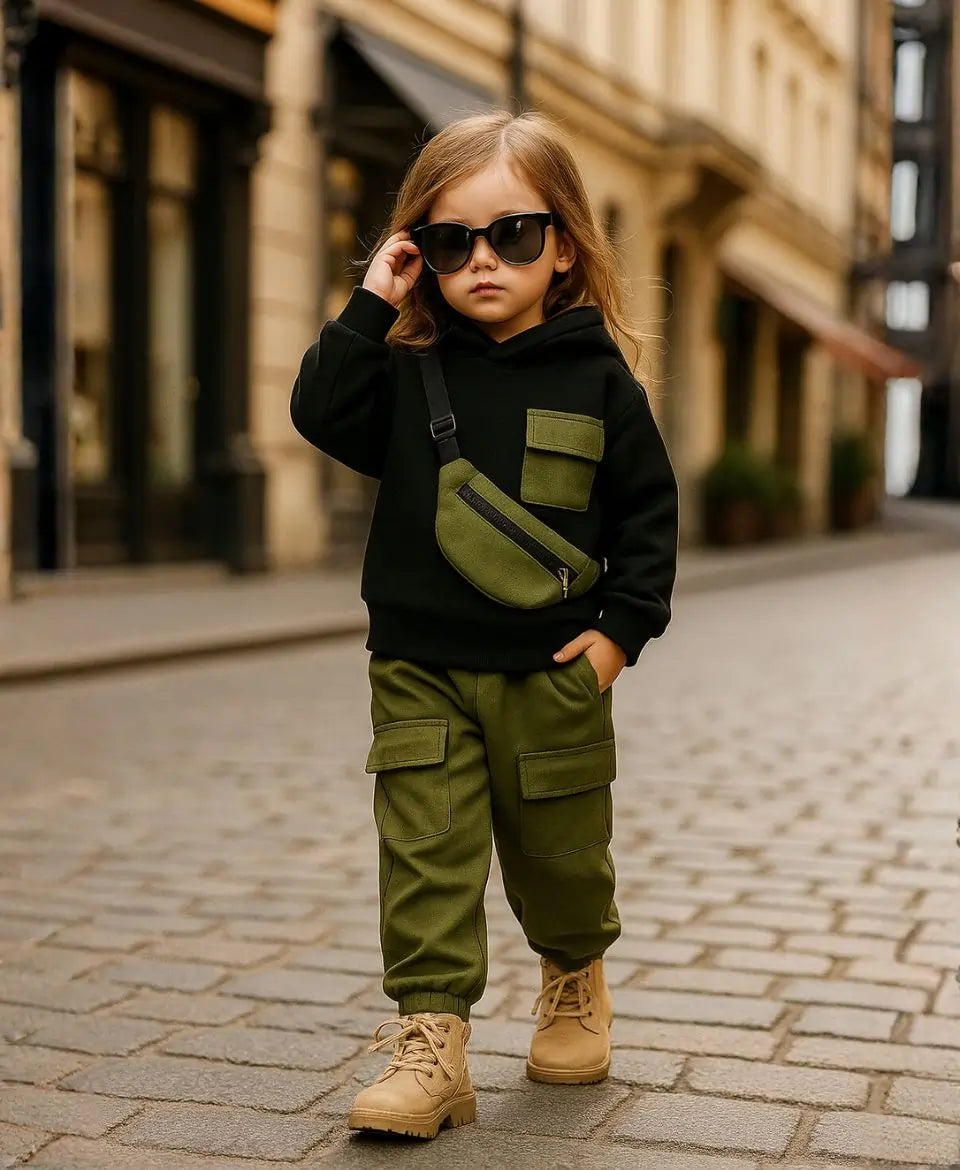 Happy Kidi Child wearing a black hoodie, green pants, and tan boots on a cobblestone street.