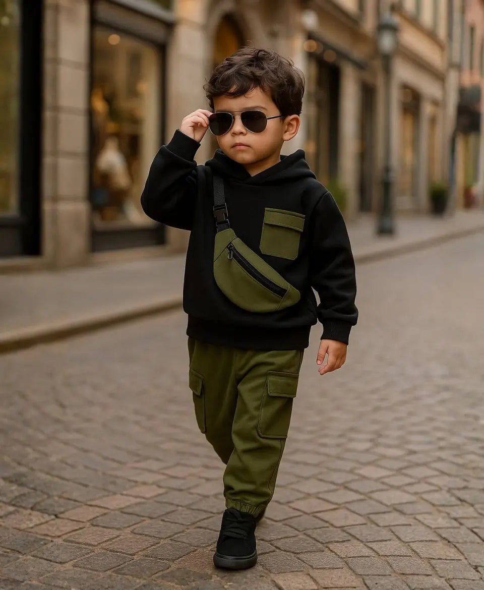 Happy Kidi Child wearing a black hoodie with a green bag and green pants on a street.