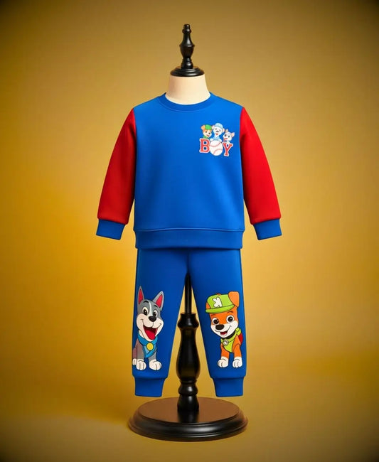 Children's blue and red outfit with cartoon characters on a yellow background