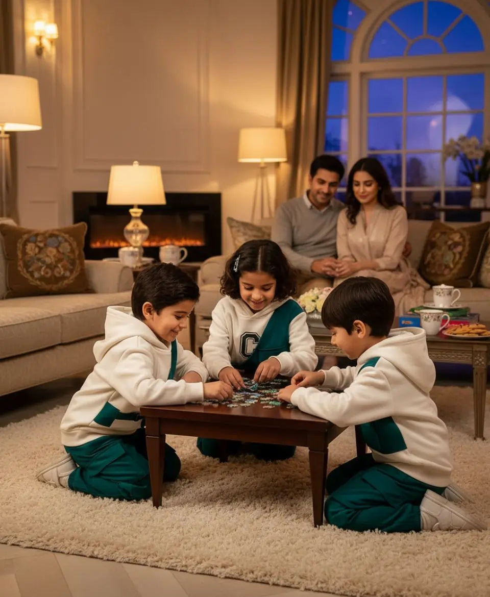 Family of four in a cozy living room with children playing on the floor.