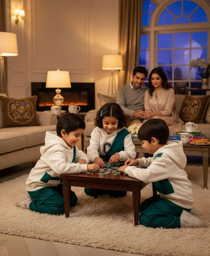 Family of four in a cozy living room with children playing on the floor.