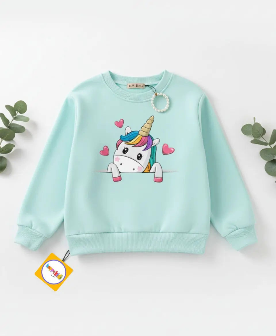 Light blue sweatshirt with a unicorn design on a white background