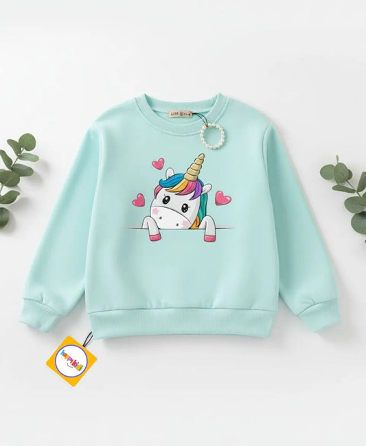 Light blue sweatshirt with a unicorn design on a white background