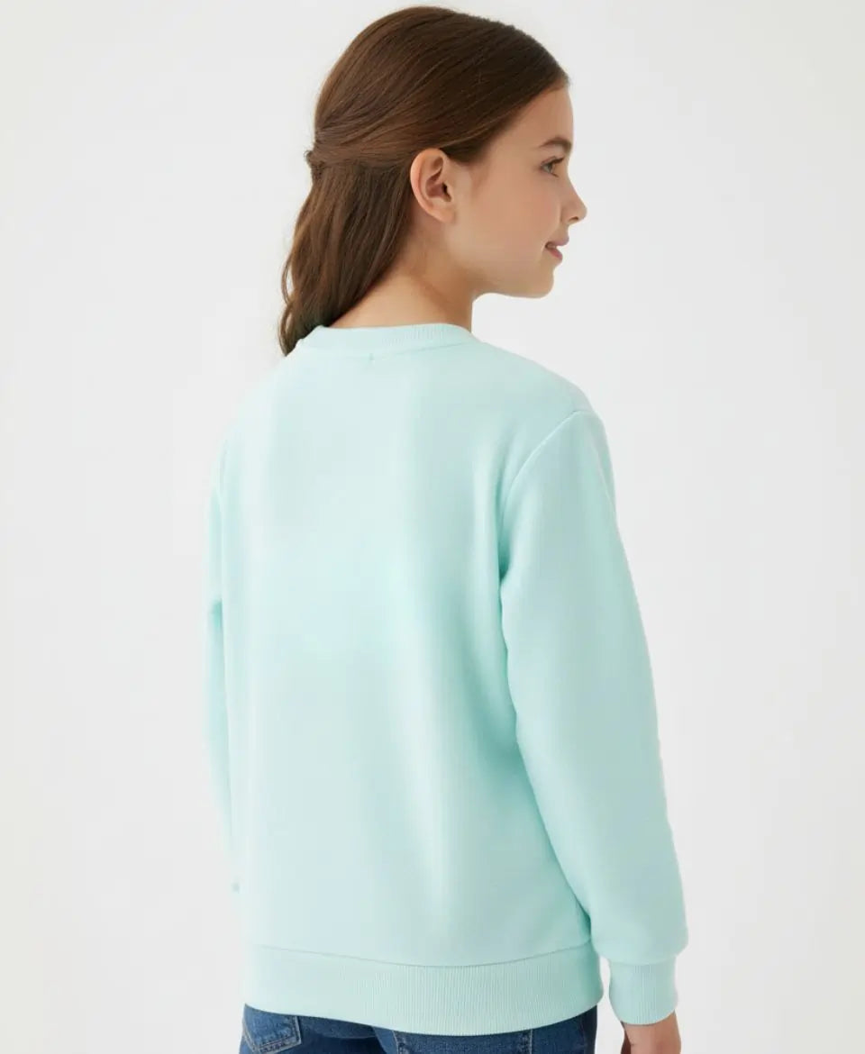 Person wearing a light blue sweatshirt on a white background