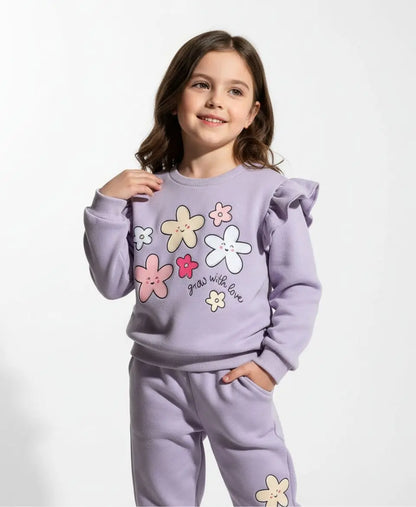 Girls Fleece Sweatshirt & Trouser Set – Lilac Flower Print