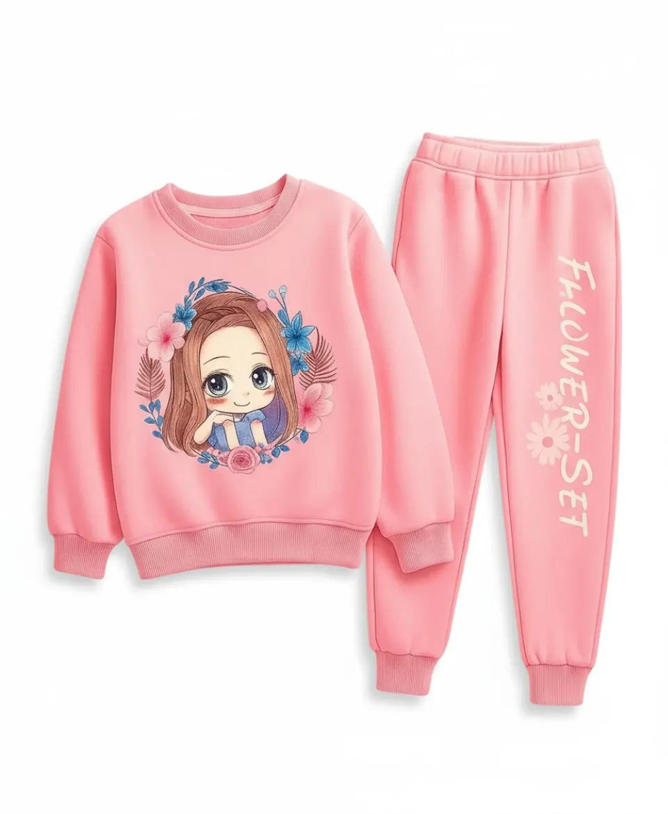 Girls Pink Cartoon Fleece Winter Set
