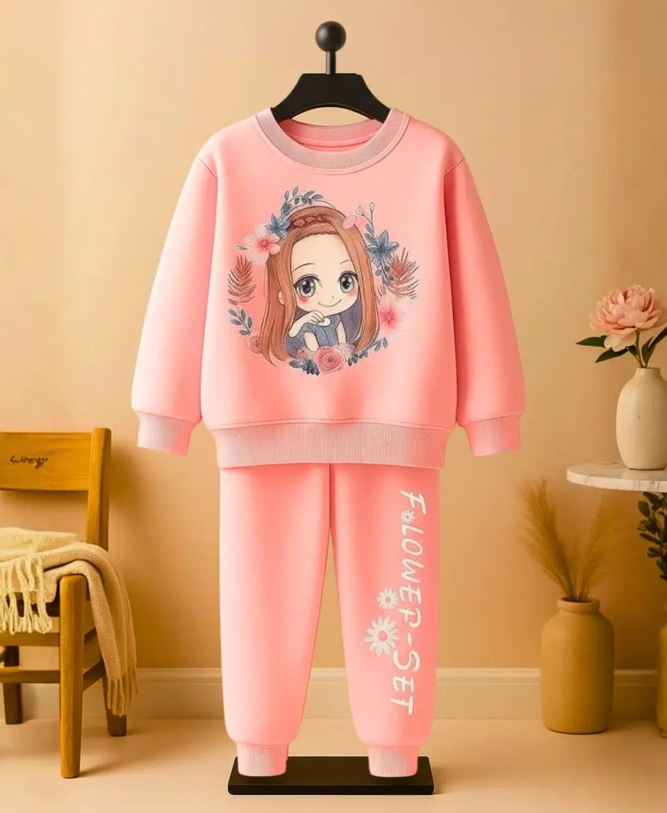 Girls Pink Cartoon Fleece Winter Set