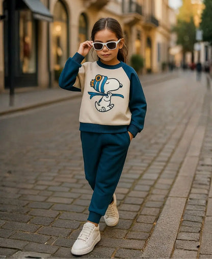 Unisex Cotton Fleece Sweatshirt & Trouser Set – Blue Beige Winter Outfit