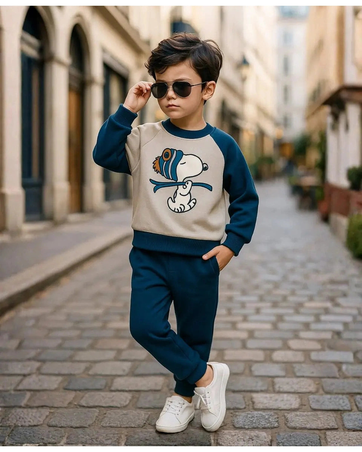 Unisex Cotton Fleece Sweatshirt & Trouser Set – Blue Beige Winter Outfit