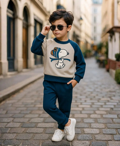 Unisex Cotton Fleece Sweatshirt & Trouser Set – Blue Beige Winter Outfit