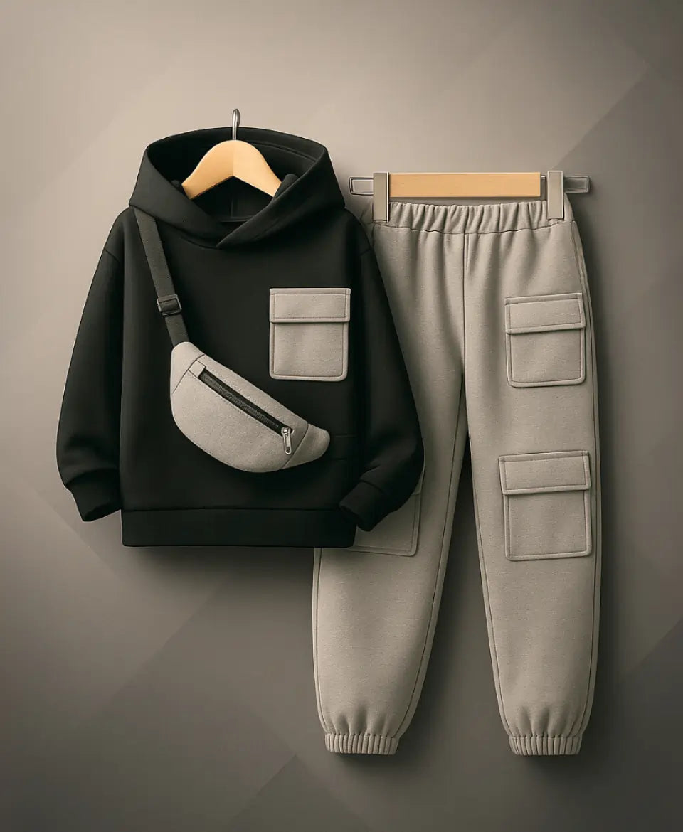 Happy Kidi Black hoodie with front pocket and gray pants with multiple pockets on a gray background