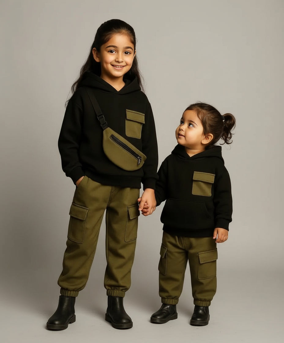 Happy Kidi Two children wearing matching black hoodies and green pants standing against a brown background.