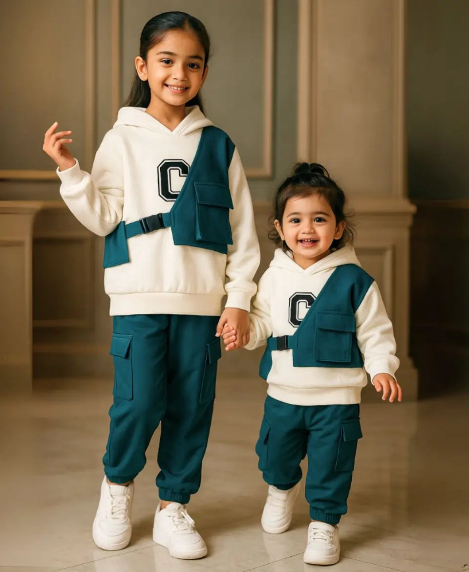 Two children wearing matching outfits with white hoodies and teal pants, standing indoors.