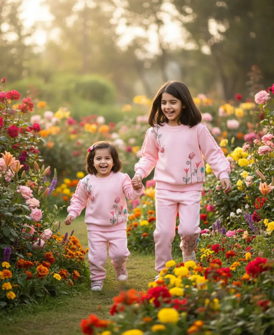 Two young girls in matching pink outfits standing in a garden filled with colorful flowers.