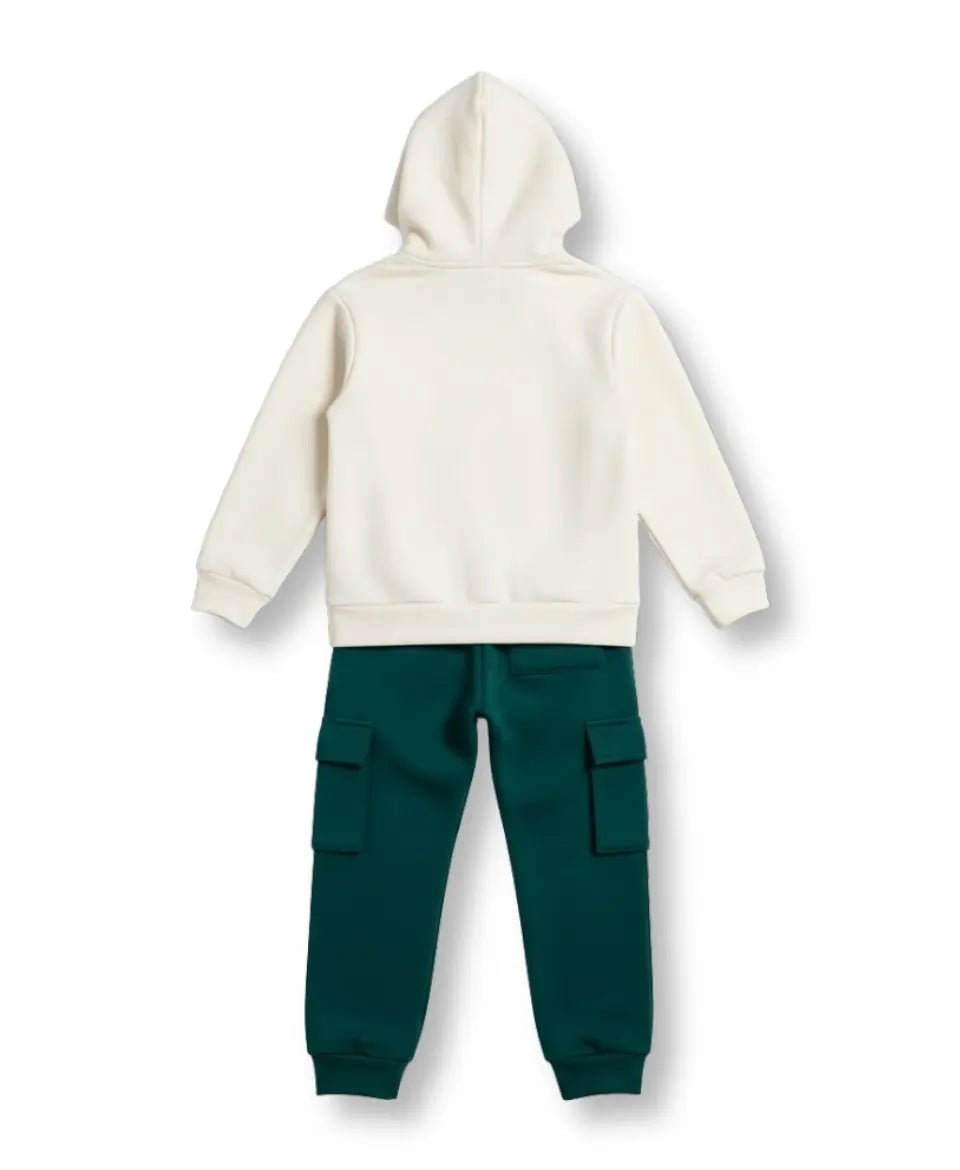 White hoodie and green pants set on a white background