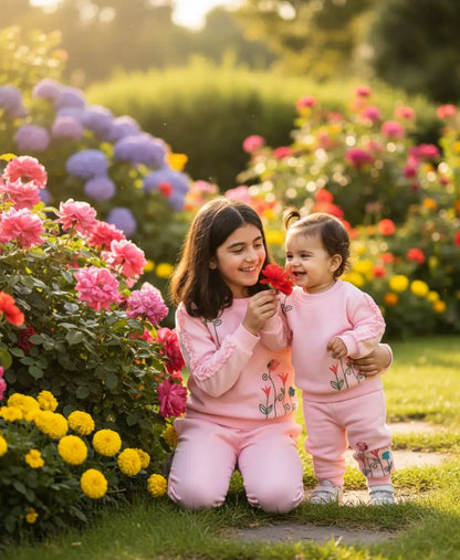 Woman and child in matching pink outfits in a garden with flowers