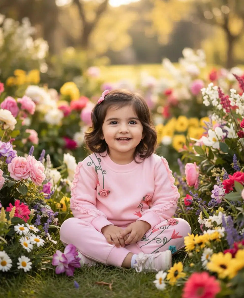 Young girl in a pink outfit sitting among colorful flowers