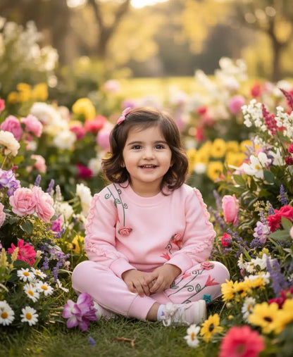 Young girl in a pink outfit sitting among colorful flowers
