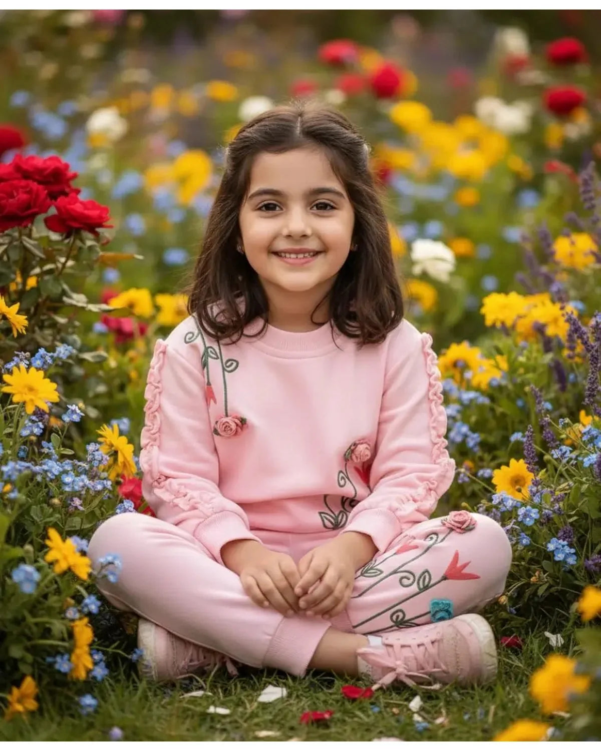 Young girl in a pink outfit sitting among colorful flowers