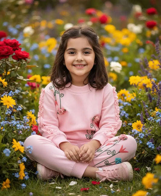 Young girl in a pink outfit sitting among colorful flowers