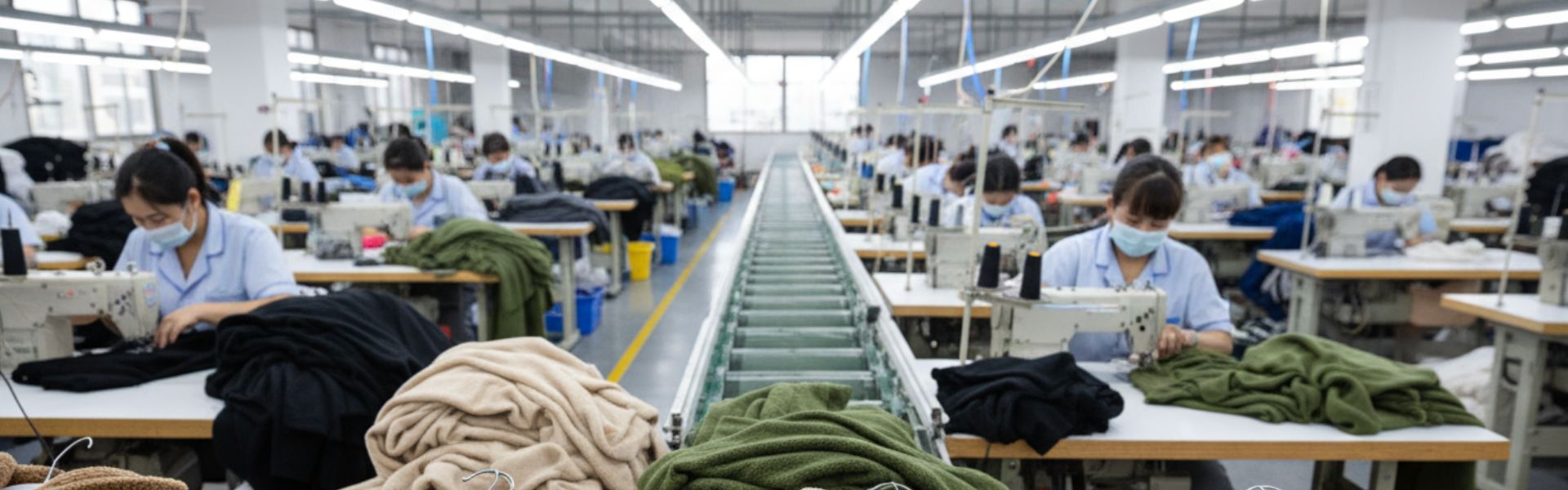 Factory interior with workers at their stations and a conveyor belt.