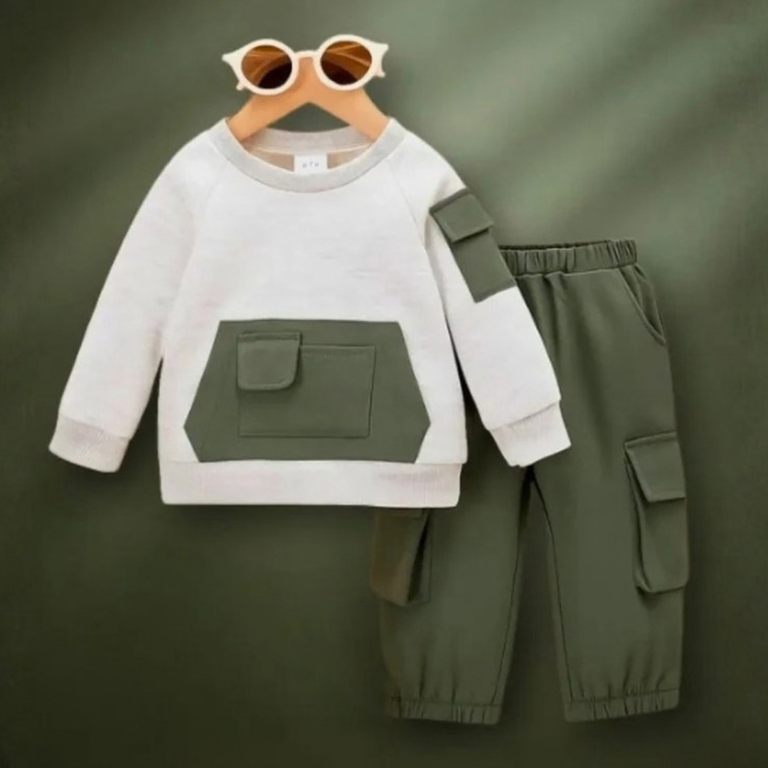 Kids Fleece Pocket Sweatshirt & Cargo Trouser Set – Winter Outfit