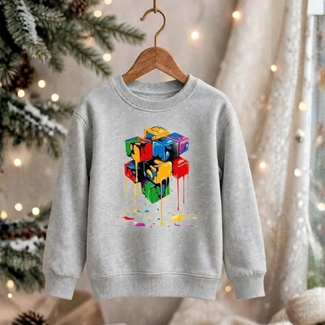 Kids Grey Melted Color Block Cube Graphic Fleece Sweatshirt | Casual Winter Wear