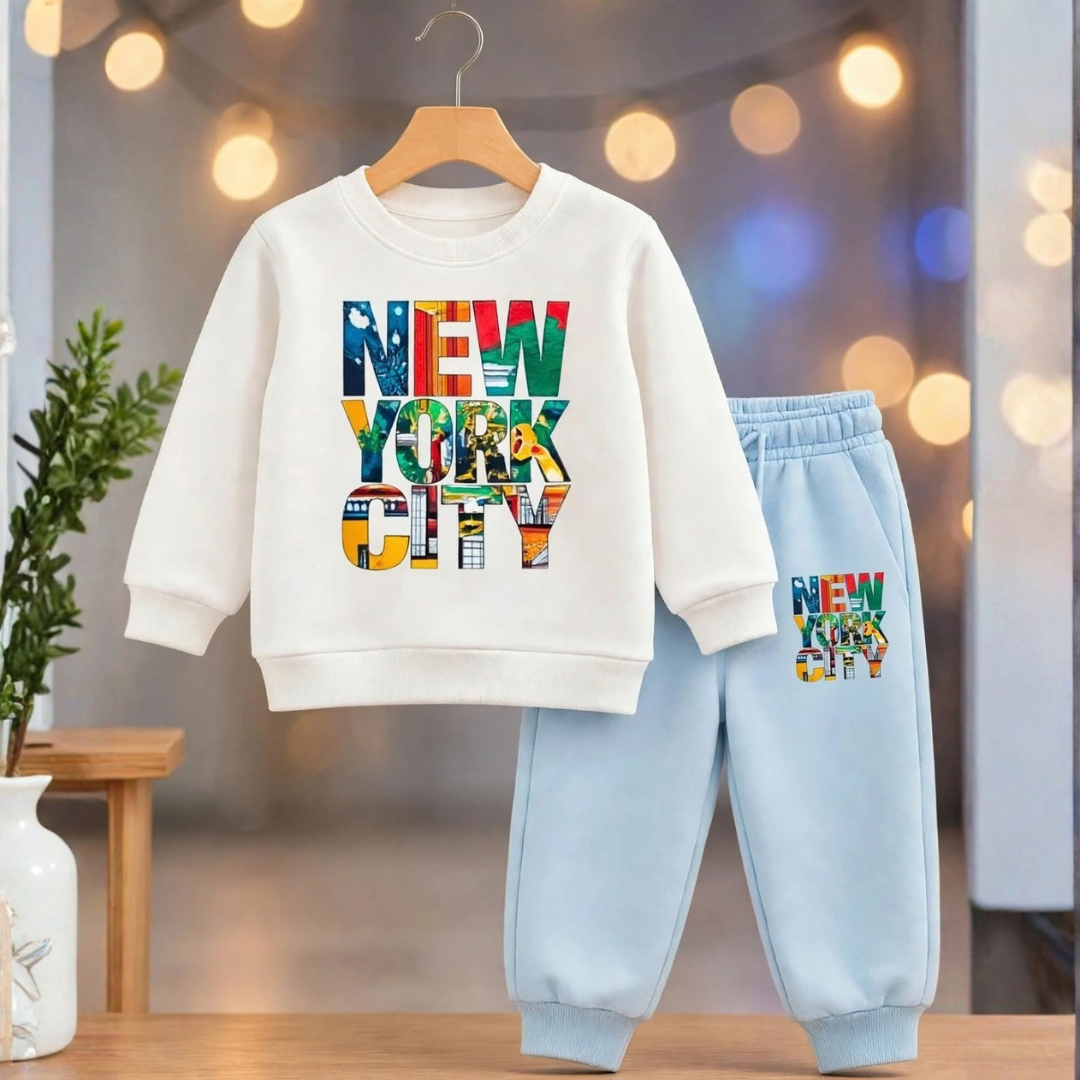 Kids Off-White "NEW YORK CITY" Graphic Sweatshirt & Light Blue Joggers Set | Winter Casual Wear