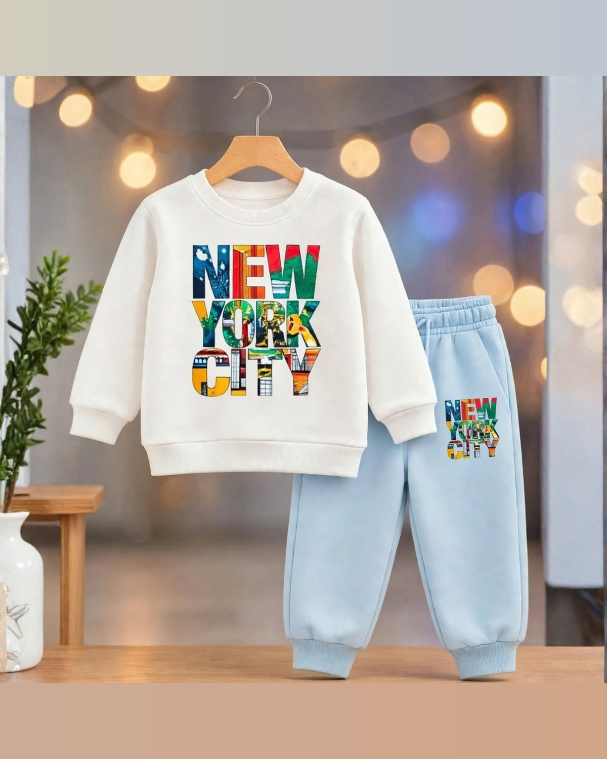 Kids Off-White "NEW YORK CITY" Graphic Sweatshirt & Light Blue Joggers Set | Winter Casual Wear