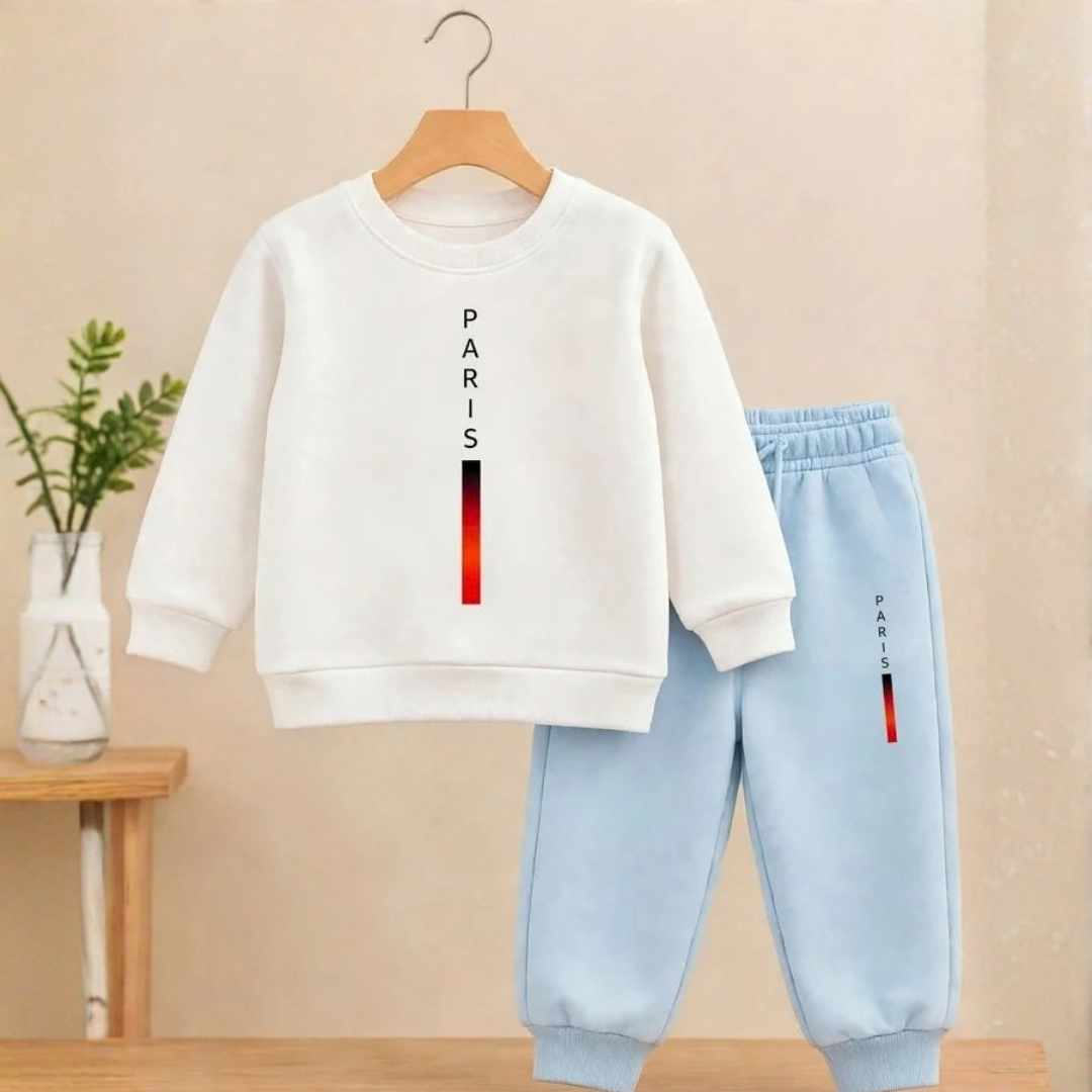 Kids Off-White "PARIS" Vertical Typography Sweatshirt & Light Blue Joggers Set | Winter Casual Wear