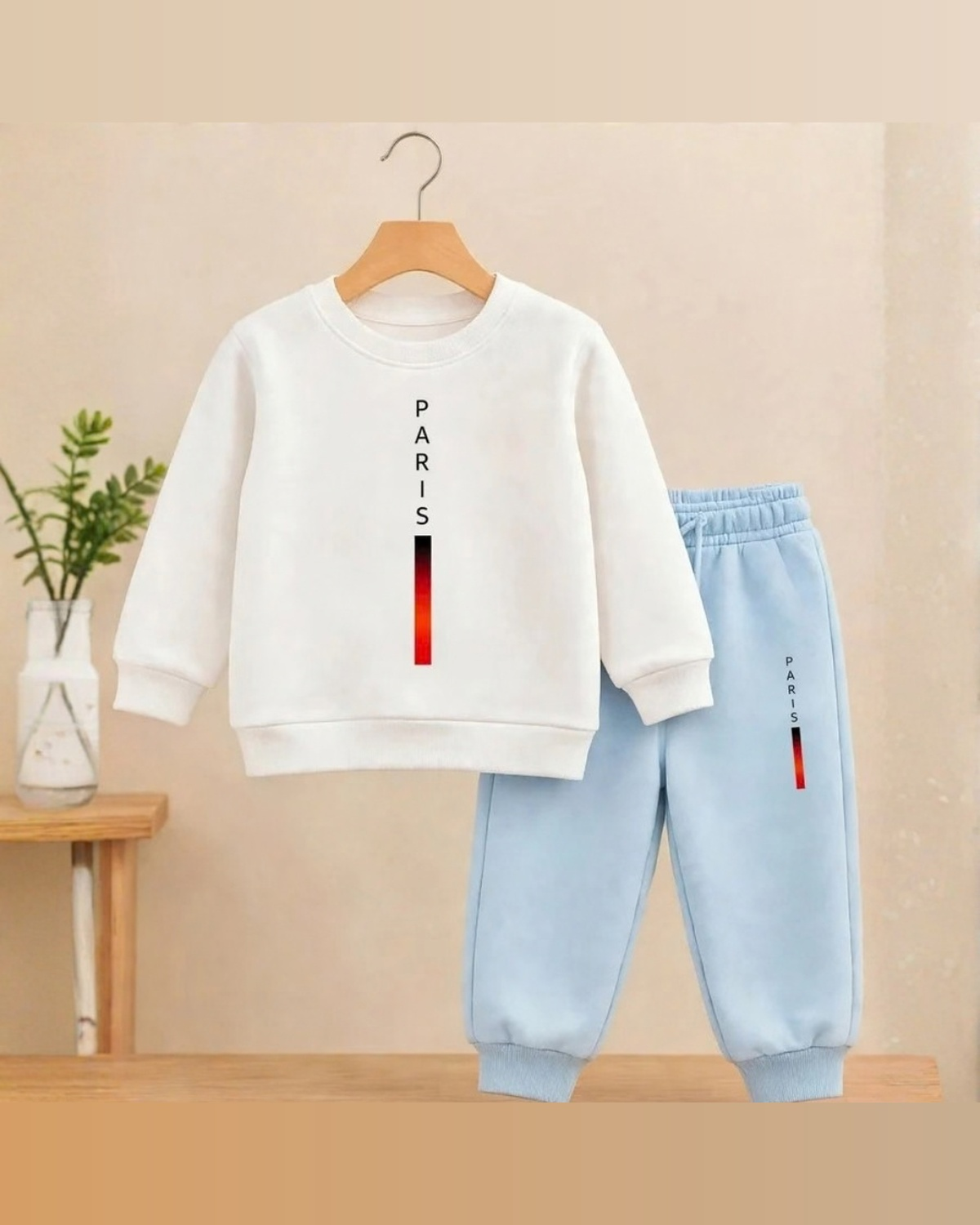 Kids Off-White "PARIS" Vertical Typography Sweatshirt & Light Blue Joggers Set | Winter Casual Wear