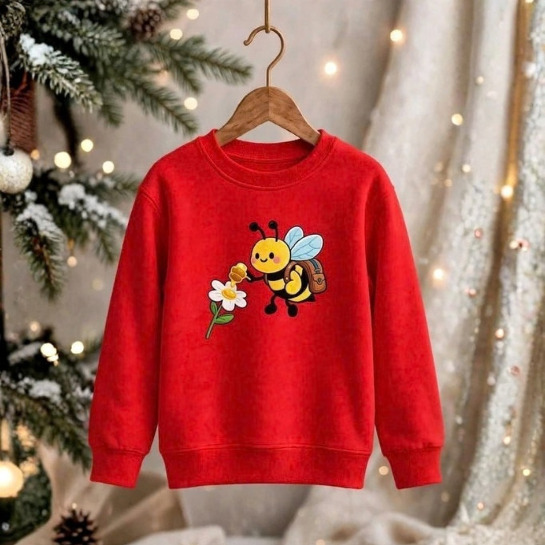 Kids Red Cute Honeybee & Flower Graphic Fleece Sweatshirt | Casual Winter Wear